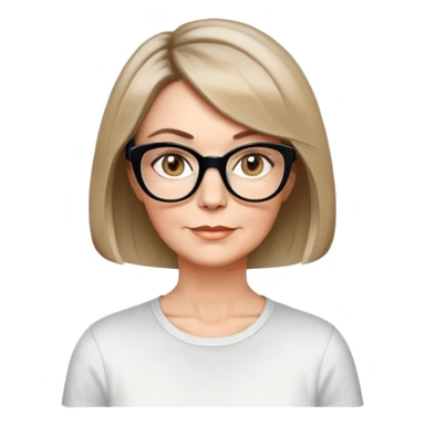 white woman about 50 years old, light warm skin, short bob haircut to neck with slight waves at ends, medium brown hair with soft highlights, neutral expression, large black shiny butterfly or cat-eye glasses, white casual t-shirt, calm and creative energy sticker