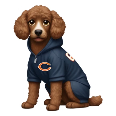 Brown poddle dog wearing a Chicago bears hoodie sticker