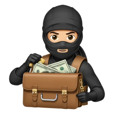 Stealthy ninja holding open money briefcase showing cash inside sticker