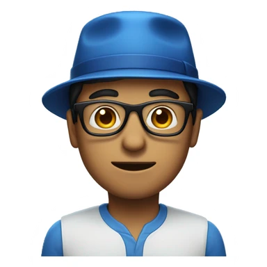 A man wearing a blue hat with 'P' on it and black glasses sticker