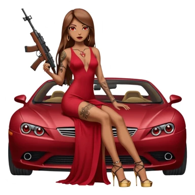 Lilith tan skinfemale red eyes symbol. Tattoo arms. Her hair is brown straight long hair.wearing sexy long ruby covered dress with slit. black stiletto thick platform high heels shoes on. Sitting on gold giant luxury car with cash on her. She is holding a sniper rifle in one hand cash in other hand sticker