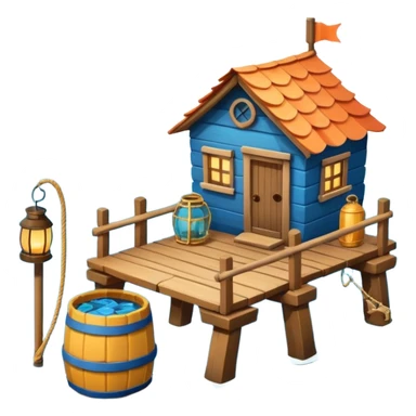 
fisherman house on a wooden pier, small dock, fishing nets hanging, barrels, lantern, ocean vibe, 3D cartoon, cute mobile game icon, clean background, no text
 sticker