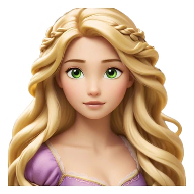 Cinematic Realistic Rapunzel Portrait, with porcelain-like skin featuring a subtle, natural glow, illuminated by soft lighting that brings out the gentle contours of her face. Her long, golden blonde hair cascades in detailed waves, each strand highlighted with a radiant shimmer as it catches the light. Her bright, expressive green eyes exude curiosity and warmth, framed by delicate lashes and soft, arched brows. Her expression is playful and vibrant, with a gentle smile. She is dressed in her classic lavender and pink gown, the fabric textured with delicate folds that flow naturally, catching the light with a soft, radiant glow. The portrait captures a luminous, enchanting aura, seamlessly blending realism with a whimsical, fairytale charm, evoking a timeless sense of beauty and magic. sticker