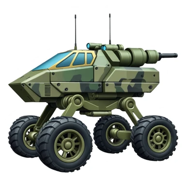 a 4-wheel armored stealth camouflage army massive mech trail vehicle shooting forward side-hill leaning actively independent suspended pod gimbal enemy mech off-road racing rover with large fast engine  sticker