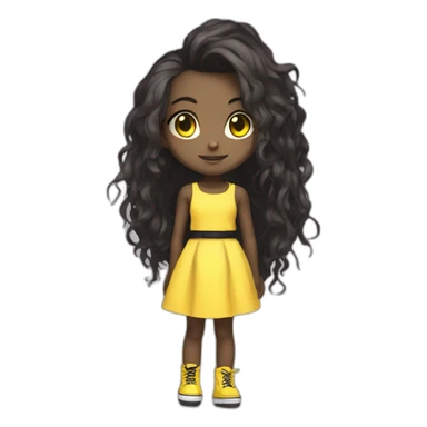 cute punk girl in yellow dress dark skin with yellow eyes and dark curvy hairs drummer anime style sticker