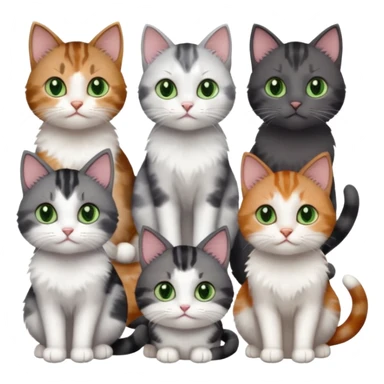 6 different coloured small cats including a dark grey and white, and a patchy calico, and a brown tabby and white,  and a completely solid dark grey with green eyes and only white paws sticker