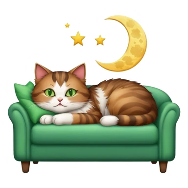 tricolor fluffy cat with big green eyes sleeping on a sofa with a moon above her sticker