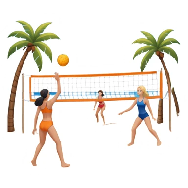 A volleyball resting on the orange sand of a beach, with a volleyball net in the background. The scene includes a beautiful beach landscape with blue sea, sky, and palm trees, while a couple of women in swimsuits play in the distance, capturing the relaxed yet competitive vibe of beach volleyball. sticker