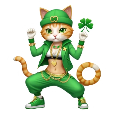 female cat dressed in hip-hop Run DMC style with green outfit, shamrock accessories, gold chains, bling, St. Patrick's Day, break dancing sticker