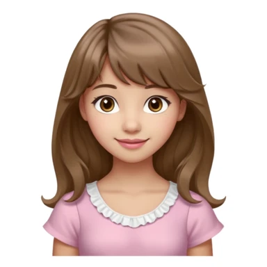 A teenage cute girl with very light olive skin and soft pinkish cheeks. Large bambie dark hazel eyes. Long wavy light brown hair with soft bangs. Features are very feminine and beautiful. medium straight nose with a soft tip. Medium natural pink lips. Wearing a simple dress in pink and white.  sticker