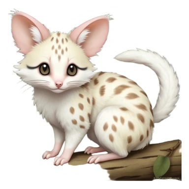 Albino-white, soft natural realistic romantic vintage antique divine beautiful elegant pretty precious cute young youthful  Fakémon-Pokémon-opossum-feline-mouse-serval-caracal-chinchilla-Minccino-Cinccino-Meowstic-rodent-hybrid-creature with a big fluffy bushy tail (full body) sticker
