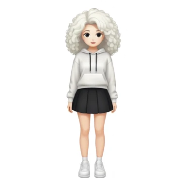 Female with slim hourglass figure, white big hair, wearing white sweatshirt, black skirt, and white shoes, full body pose sticker