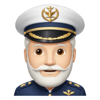 A light-skinned mid-aged man with brown eyes and white beard, smiling while wearing a white captain’s hat with a navy emblem. sticker