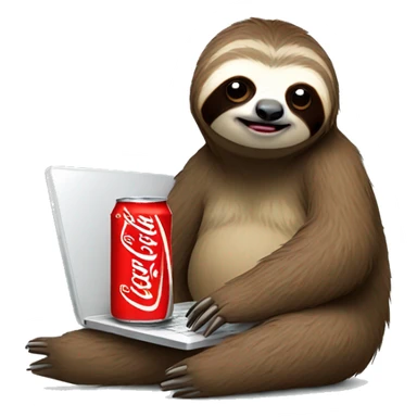 tired sloth with coca cola can and laptop sticker