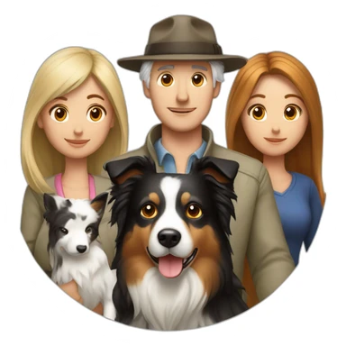 white family group consisting of man in hat and woman with long hair in ponytail and small border collie dog sticker