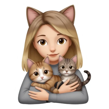 Une femme avec les cheveux dégradée, brun et blond, qui fait un câlin à son chat gris, tigré avec les extrémités que pattes pointe d’oreilles noires et le dessous du menton blanc la fille n’a pas d’oreilles, il n’y a qu’un seul chat sticker