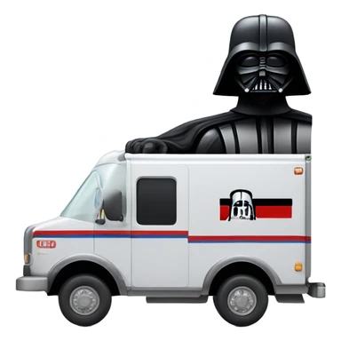 Side view of 1976 very long mail delivery truck shaped like Darth Vader’s body  sticker