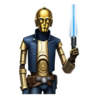 tarnished undercover tough well-equipped Jedi  life-sized darkblue-pearl C3po leather vest clothing pants and vest old west duster coat holding light saber sheriff sticker
