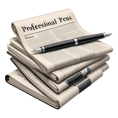 Create an emoji representing journalism and publicistic writing. The design should feature a stack of newspapers, an open notebook with visible text, and a single fountain pen placed near the notebook, symbolizing the act of writing. Use neutral, professional colors like black, white, and muted tones to convey a sense of seriousness and intellect. Do not include any emojis or smiley faces. Make the background transparent. sticker