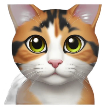 young striped calico cat face with a pink nose, white chin, green eyes, and orange/brown markings, orange tip on one ear sticker