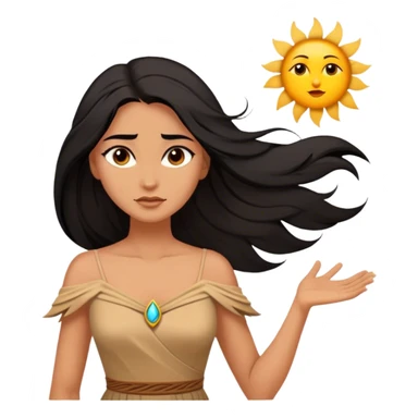 Cinematic Stunning Pocahontas Portrait Emoji, Windswept raven hair flowing behind her, deep brown eyes filled with wisdom and strength, glowing sun-kissed skin, wearing her elegant tan dress, the spirit of the wild in her expression, breathtakingly majestic! sticker