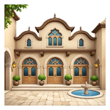 3D Apple-style emoji of a full traditional Turkish han. Rounded stone building with arched wooden doors and windows, small courtyard, fountain, arches, and hanging lanterns. Glossy, smooth, soft shadows, clean white background.






 sticker