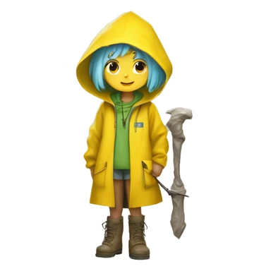 Cute little girl with light blue hair wearing a yellow raincoat hood up with white skin and short hair with cross necklace holding a staff with green muddy boots, the yellow raincoat should be covered sticker