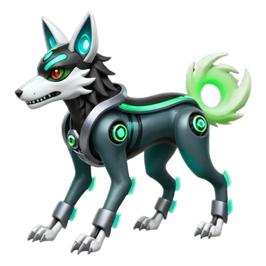 Hyper realistic skeletal black and neon green futuristic shiny colorful mechanical bioluminescent cyber-Cyborg-Poochyena-Lycanroc-Zorua-Litten-Houndoom-Fakémon-Pokémon-Digimon-hybrid-fusion (full body) with a skull face sticker