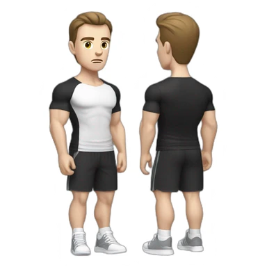 Confused Pale skinned Fit Man With the biceps and dark brown hair in black shirt, gray sports shorts and white Sneakers sticker