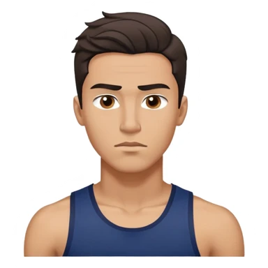 Athletic young man with light brown skin, elongated face, defined jawline, medium dark eyes, arched eyebrows, straight nose, concentrated expression, medium wavy dark hair with messy style, wearing a navy blue tank top sticker