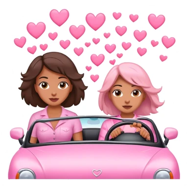 A mom, olé daughter,  driving in pink convertible with hearts blowing behind sticker