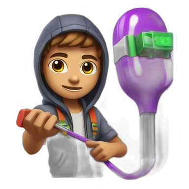 Zach psychicpebbles holding a Needle hooked up to television playing subway surfers sticker