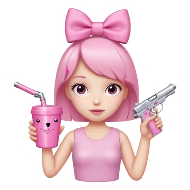 Minimalist figure with a cute pink aesthetic. It has a sparkly pink bow on its head, a pink gun keychain hanging nearby, and is holding a large pink tumbler cup. The background is simple white with a soft shadow for a clean look. sticker