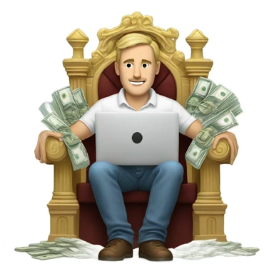 Caucasian Man sitting on a throne of cash with a laptop sticker