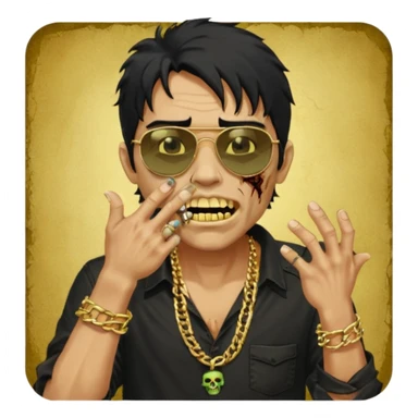 cabelo liso desordenado negro homen con aparencia de zombi y que haga un gesto mostrando los dientes de oro que se agarre la boca con la mano y que sea color piel, ponle unas gafas brasileñas, una camisa negra y que tenga cadenas de oro sticker