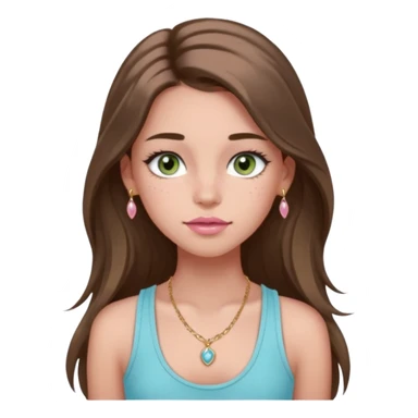 Create a teen girl wearing a light blue tank top. She will have long brunette hair, tan skin, pink lips, and grey-green eyes. She has long eyelashes. She also has light freckles and is wearing tiny gold jewelry sticker