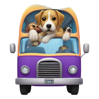 Dog on a bright purple double decor bus with a rain bow above it and animal passengers behind him sticker