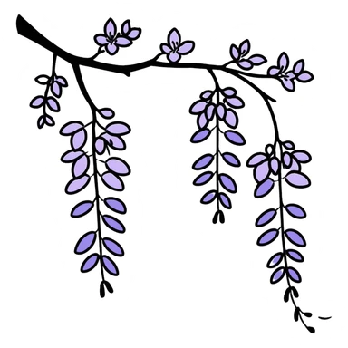 Artistic Japanese wisteria (fuji) flower with sumi-e inspired brush strokes, hanging lavender bloom clusters, zen minimalist aesthetic with subtle ink wash background sticker