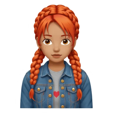 red orange braids hair girl, wear jean jacket sticker