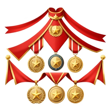 Icon for Collecting Orders, Medals & Badges: a variety of vintage orders, medals and badges, displayed neatly on a big red pennant or in a display case. The icon should reflect the honor and historical significance of these collectible items. Transparent background. sticker