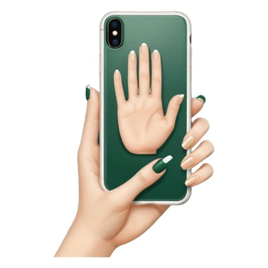 female hand with nude manicure (5 fingers) holding a white iPhone in a dark green case, minimalism, top view, emoji style sticker