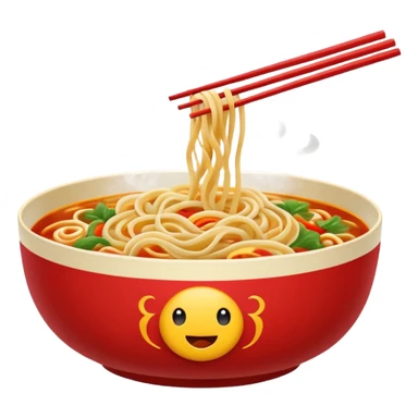 Chinese cuisine humanless avatar in bright emoji-style illustration. Noodles bowl, red and gold colors, simple shapes, flat design, bold and energetic. sticker