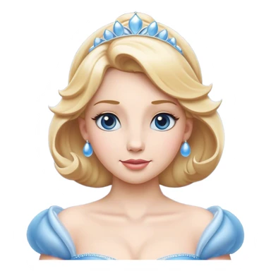 Cinematic Elegant Cinderella Portrait Emoji, rendered in a beautifully detailed, vector-style with minimal shading and bold, simplified shapes. Depict Cinderella in her classic ball gown (chest and above) with fair, porcelain skin and elegantly styled blonde hair, her eyes soft and kind, and her expression serene and graceful. The design glows with a gentle, enchanting radiance and high shine, capturing the timeless beauty of a fairy tale princess. sticker