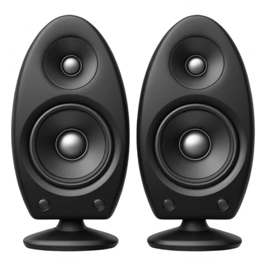 pair of big speakers emoji, deep matte black metal body, circular speaker cones with subtle depth, smooth rounded edges, minimalistic futuristic 3D style, luxury aesthetic sticker