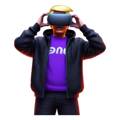 Donald Trump wearing a black hoodie with "OMG" letters on it and VR headset oculus quest 2 in a cyberpunk VR environment with violet neon lighting. sticker