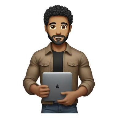 men holding his computer in hands. light brown skin men with curly black hair, dark brown eyes, little grown beard. ust a tiny bit muscular. dressed casual. round face. sticker
