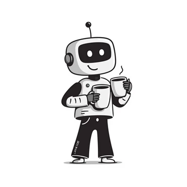 A hand-drawn robot character happily holding a coffee mug sticker