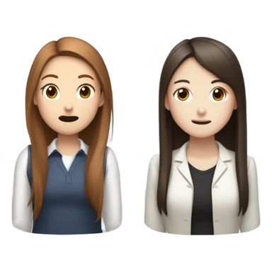 One white girl with straight reddish brown hair gossiping with a korean girl with long straight girl and a rat and mustache sticker