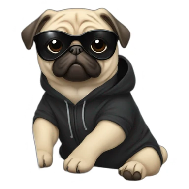 Pug wearing a black hoodie and sunglasses and using a laptop sticker