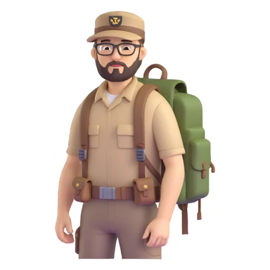 adventurer with goatee beard (no beard on cheeks), short hair, glasses, backwards military tan cap and backpack sticker